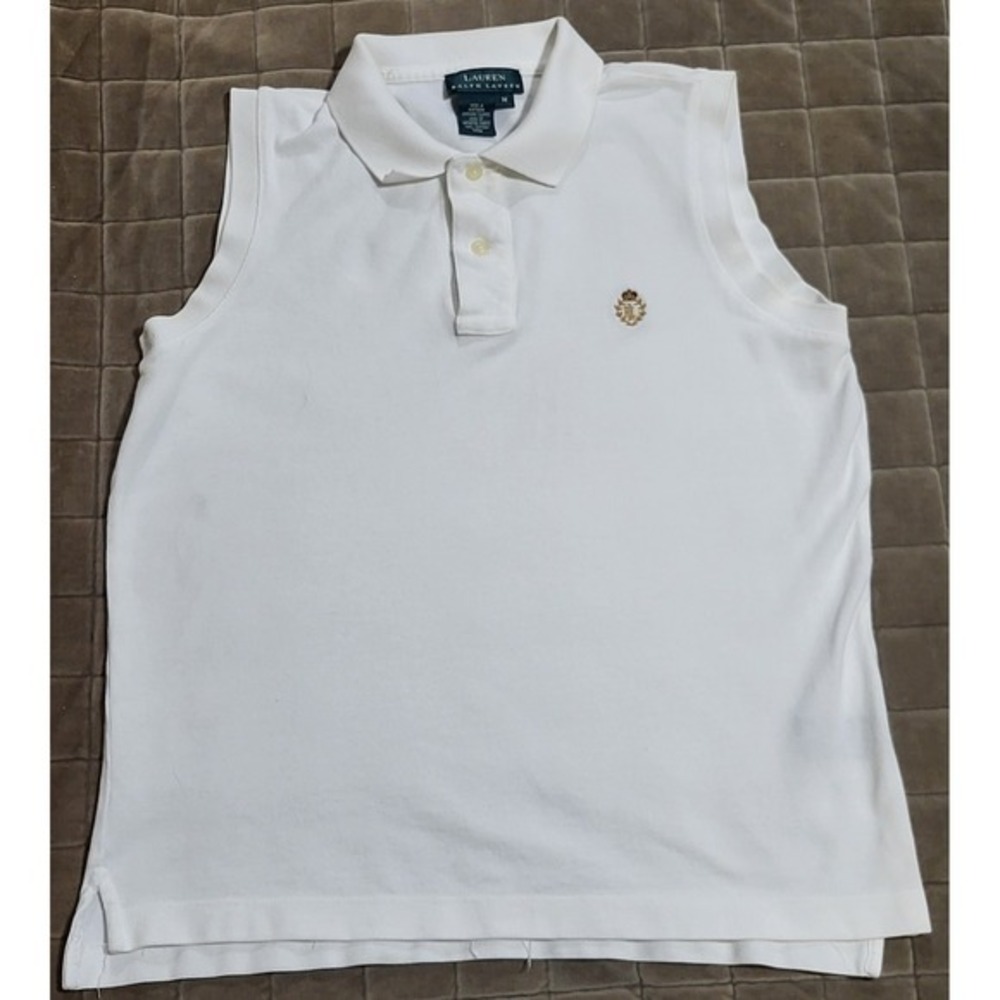 Lauren Ralph Lauren Shirt Women M White Embroidered Crest Sleeveless Tank Preppy
